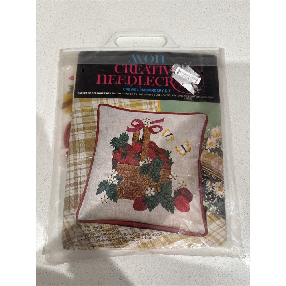 Vintage complete unopened embroidery kit Avon Basket of Strawberries pillow 14sq